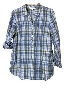J Jill Love Linen Popover Tunic Shirt Green Blue Plaid Pockets Size Petite S